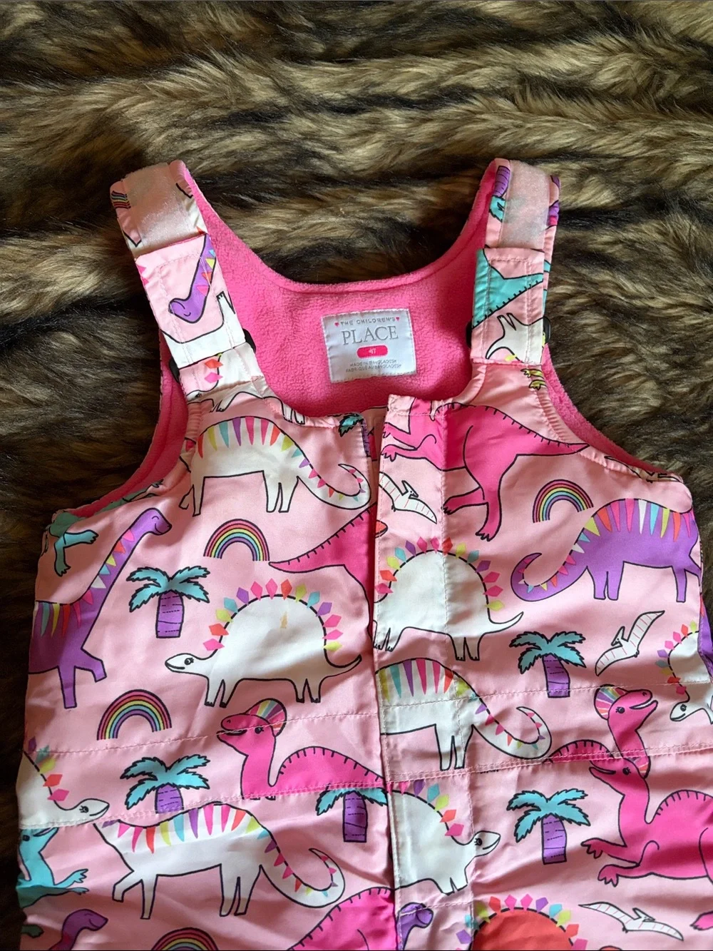 The Children's Place Pink Dinosaur Print Snow Bib Overalls Size 4T